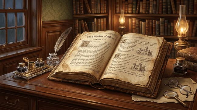 Open ancient book titled 'The Chronicles of Albrich' with illustrations on a wooden desk