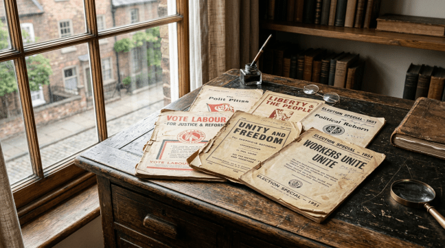 Vintage political pamphlets from 1951 on wooden desk with magnifying glass and glasses