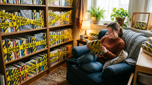 Woman sitting on blue armchair reading a book with yellow caution tape design