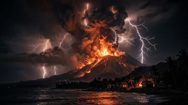 Volcano erupting with lava and lightning illuminating the dark sky above coastal village