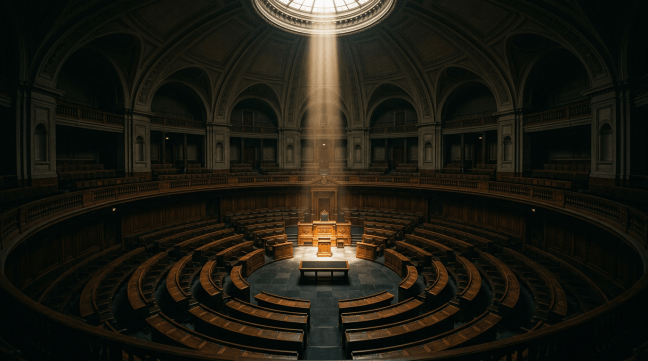 Empty historic parliamentary chamber with curved wooden benches and a spotlight on the central podium