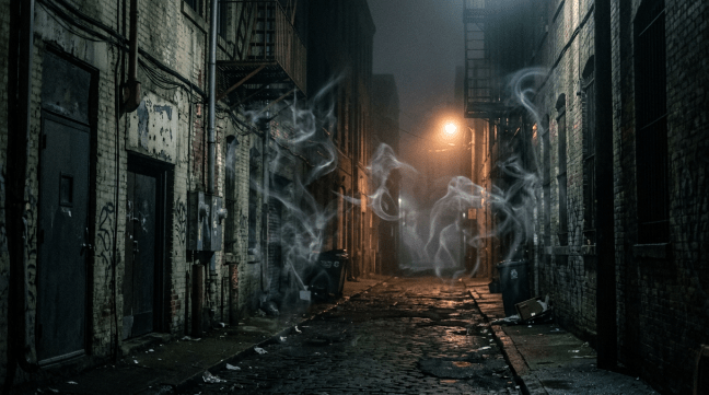 Narrow urban alley at night with brick walls, scattered trash, and fog