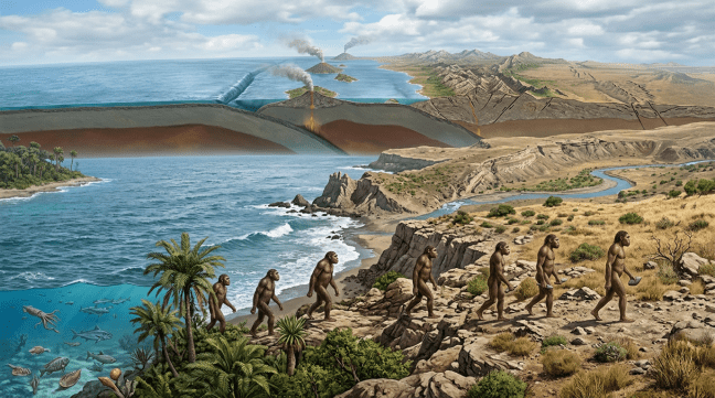 Sequence of hominins walking through evolving coastal and inland landscapes with volcanoes erupting