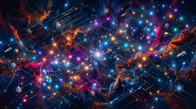 Colorful cosmic network with bright nodes, data lines, spaceships, and nebula