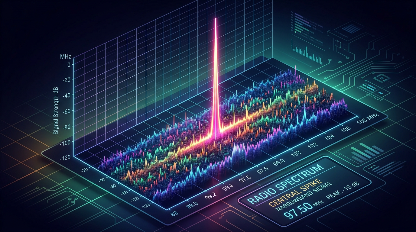 3D graph showing radio spectrum signal strength with a central spike at 97.50 MHz