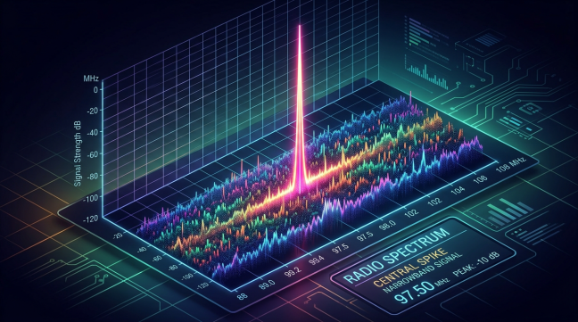 3D graph showing radio spectrum signal strength with a central spike at 97.50 MHz