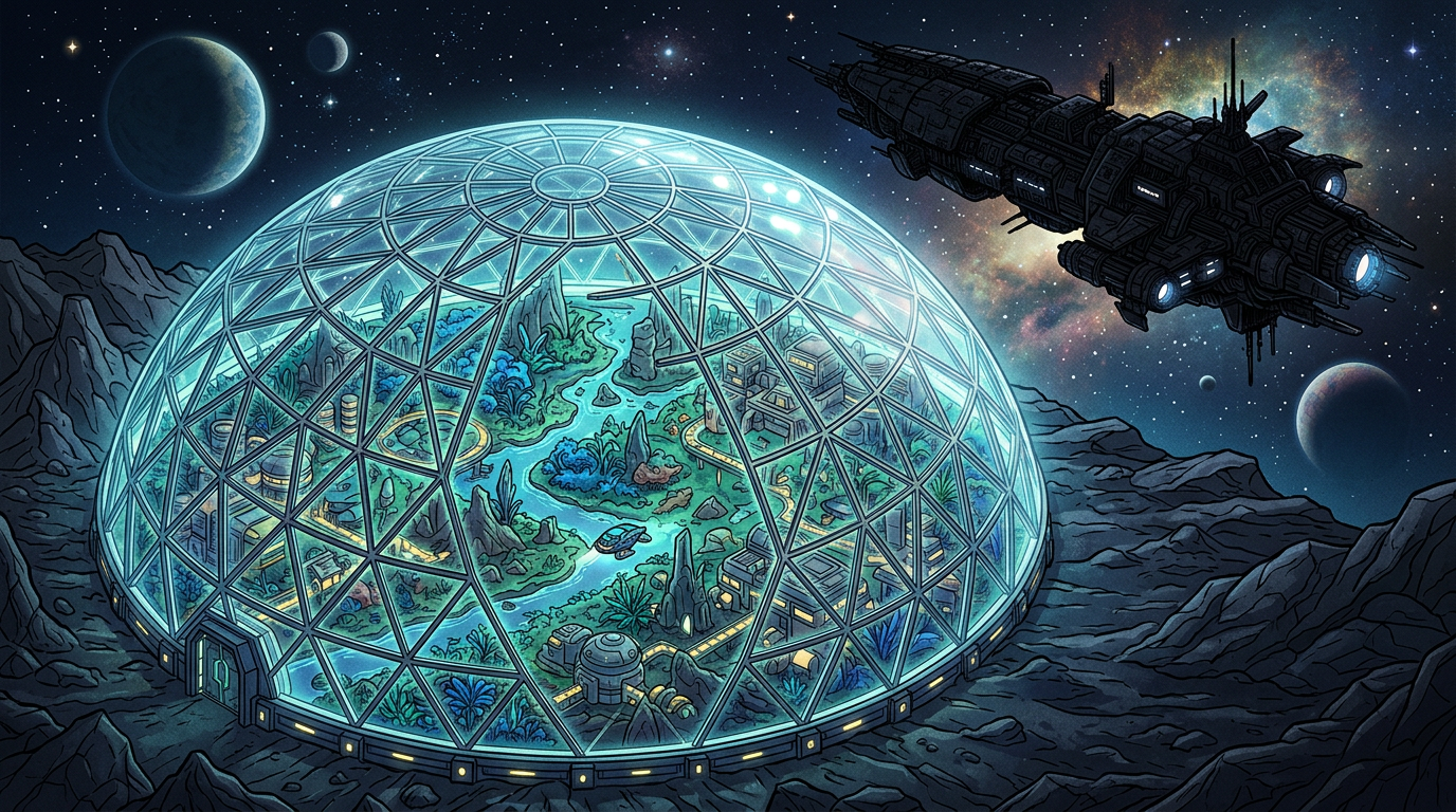 Glass biodome with plants, river, and futuristic buildings on rocky planet