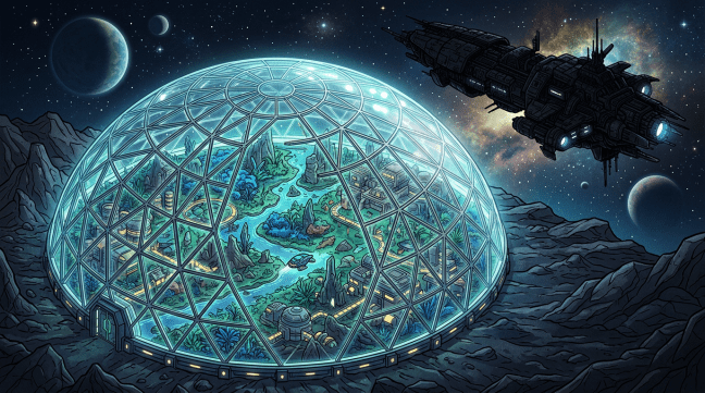 Glass biodome with plants, river, and futuristic buildings on rocky planet