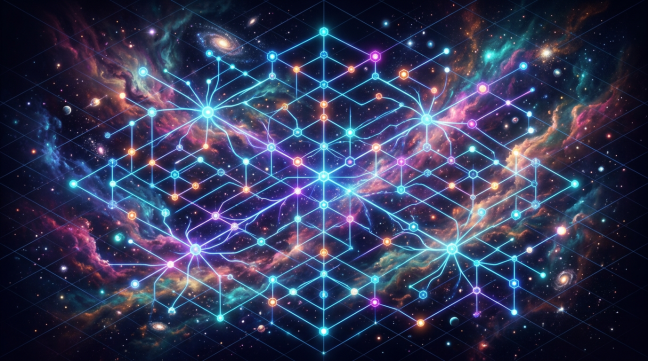 Glowing neural network structure overlaid on a colorful cosmic nebula background with stars and galaxies