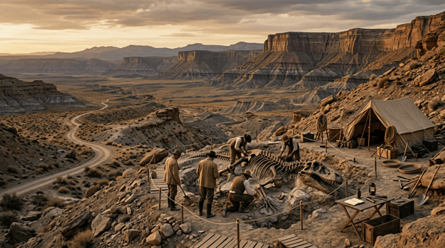 Paleontologists excavating a dinosaur skeleton at a desert camp